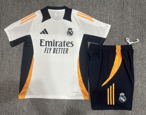 24-25 Short sleeved Real Madrid White Kids+Adult Set Pocket Training Clothes