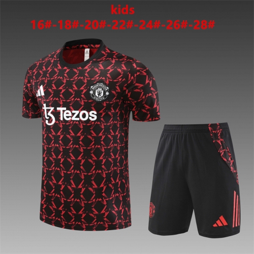 24-25 Short sleeved Manchester United Red and Black [Camo Style] Kids+Adult Set Pocket Training Shirt