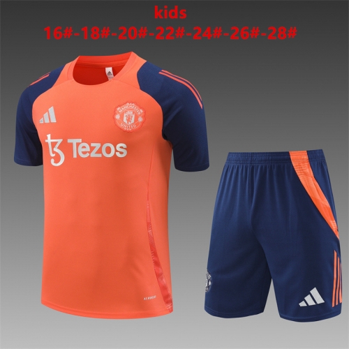 24-25 Short sleeved Manchester United Orange Kids+Adult Set Pocket Training Suit