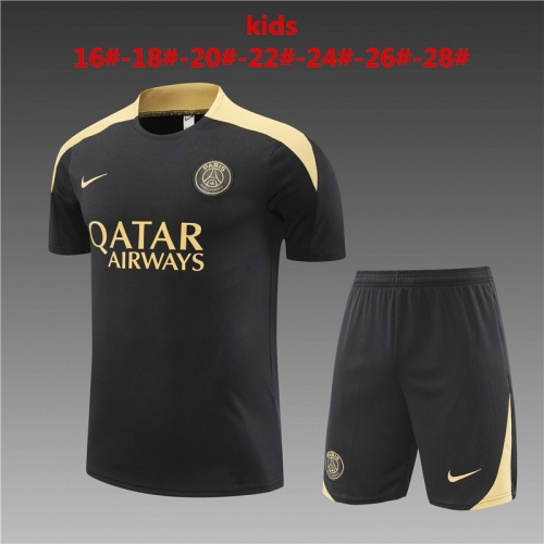 24-25 PSG short sleeved Paris black and gold kids+adult training suit