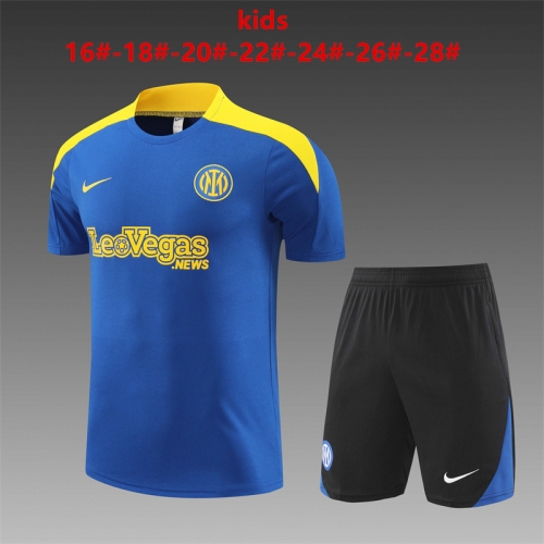 24-25 Short sleeved Inter Milan Blue Kids+Adult Set Pocket Training Suit