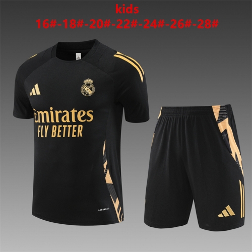 24-25 Short sleeved Real Madrid Black and Gold Kids+Adult Set Pocket Training Clothes