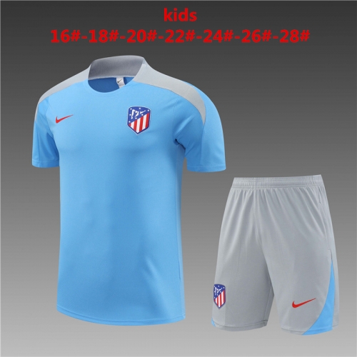 24-25 Short sleeved Atletico Madrid Light Blue Kids+Adult Set Pocket Training Suit