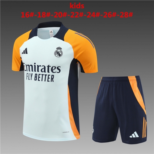 24-25 Short sleeved Real Madrid Light Blue Kids+Adult Set Pocket Training Clothes