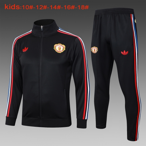 E809 # 24-25 Long Pull Manchester United Black Kids+Adults (Three Leaf Logo)