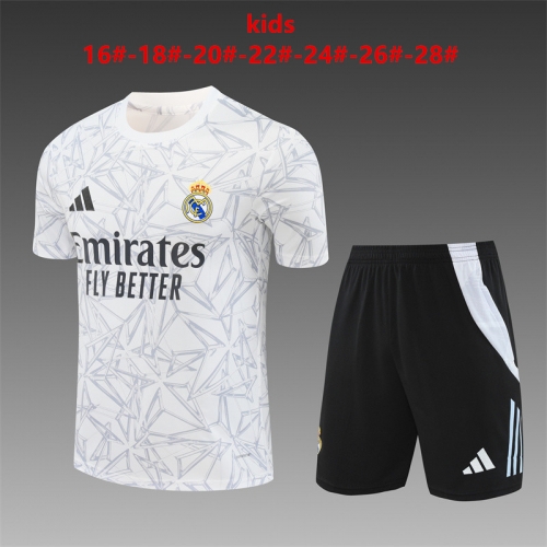 24-25 Short sleeved Real Madrid White Grey [Camouflage] Training suit kids+adult set