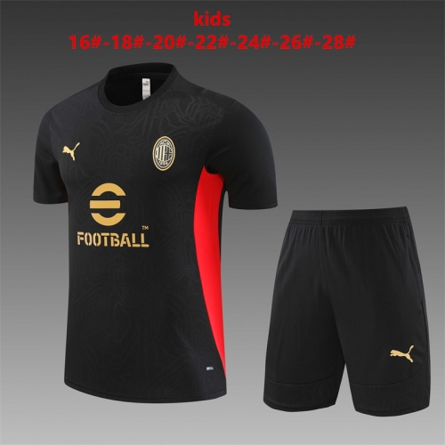 24-25 Short sleeved AC Milan black training suit for kids+adult set