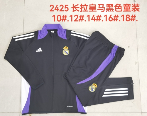 E942 # 24-25 Long Pull Real Madrid Black (Purple Collar) Kids+Adults