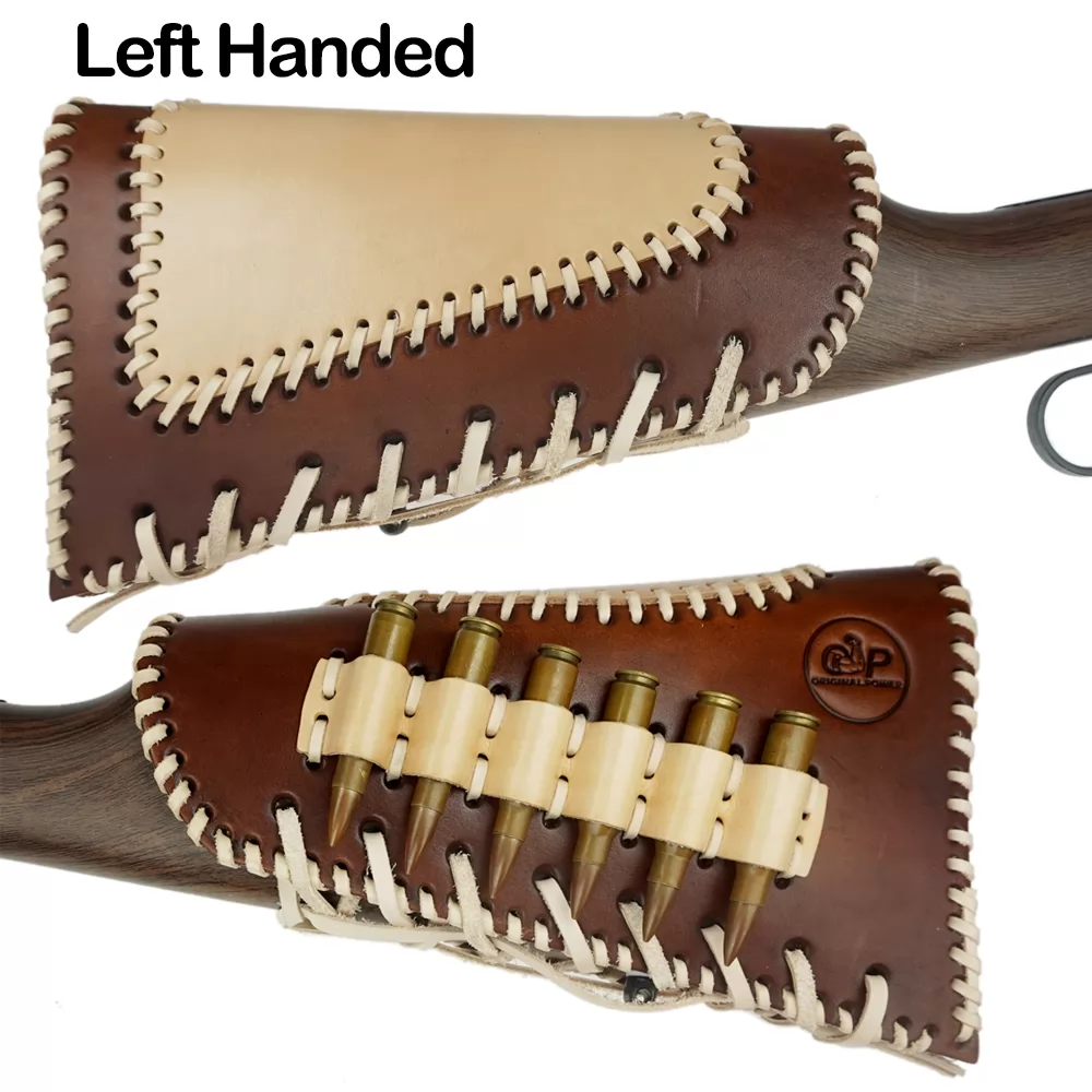 Left & Right Handed Rifle Buttstock with Shell Holder for .45-70 308 30-06, Leather Ammo Sleeve