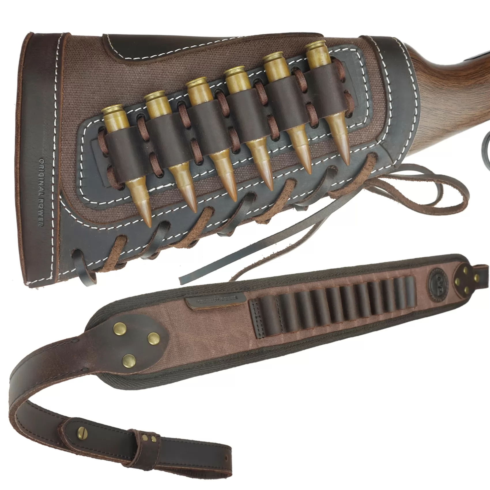 Set of Leather Gun Shell Holder Buttstock with Rifle Sling for .308 .30-06, .45-70