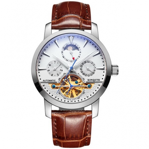 XINQITE  Leather watchband mechanical watch automatic hollow-out waterproof men's watch