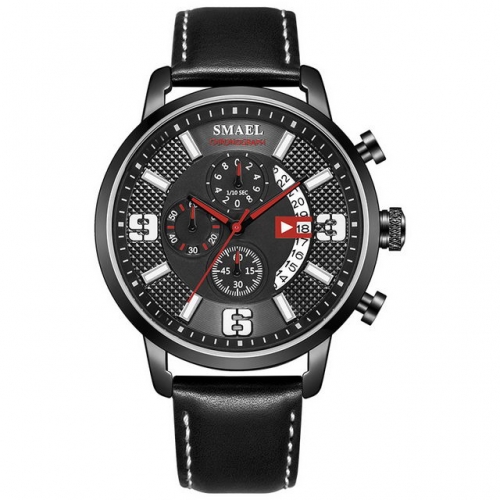SMAEL leather watchband waterproof watch Men luminous watch calendar 6-pin quartz watch