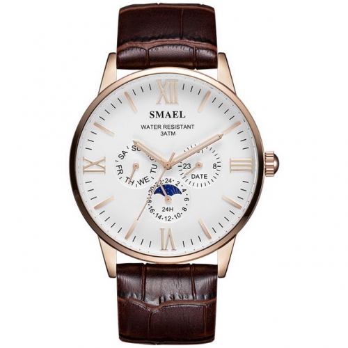 SMAEL leather watchband waterproof watch Men's business luminous watch calendar quartz watch