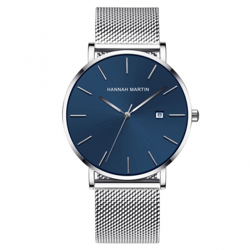 HANNAH MARTIN Dark blue vacuum electroplated fine steel mesh with quartz watch for man