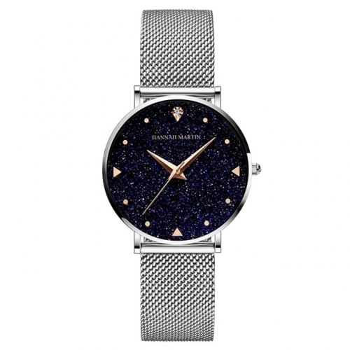 HANNAH MARTIN Japanese movement silver stars black night sky stars waterproof large dial ladies watch