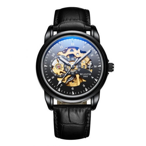 WLISTH Cool Black Automatic Blue light mirror Hollow dial Men's Watch