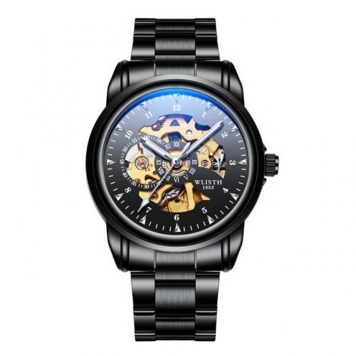 WLISTH Cool Black Automatic Blue light mirror Hollow dial Men's Watch