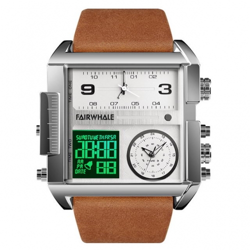 FAIRWHALE  Square dial Multifunction Three time zones Electronic Men's Watch