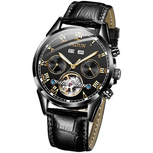 JSDUN flywheel hollow dial multifunction leather strip luminous waterproof automatic men's watch
