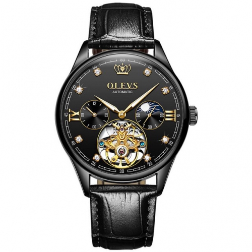 OLEVS multi-function flywheel hollow dial luminous waterproof leather strip automatic men's watch