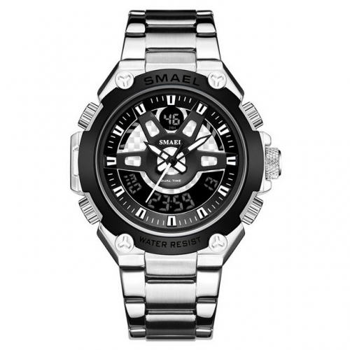 SMEAL textured dial pointer and digital double display waterproof silver steel strip quartz men's watch
