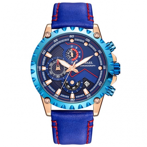 SMAEL blue leisure business sport multi-function waterproof leather strip quartz men's watch