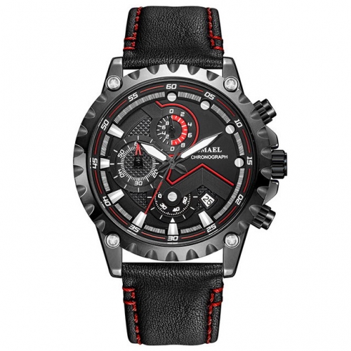 SMAEL black leisure business sport multi-function waterproof leather strip quartz men's watch