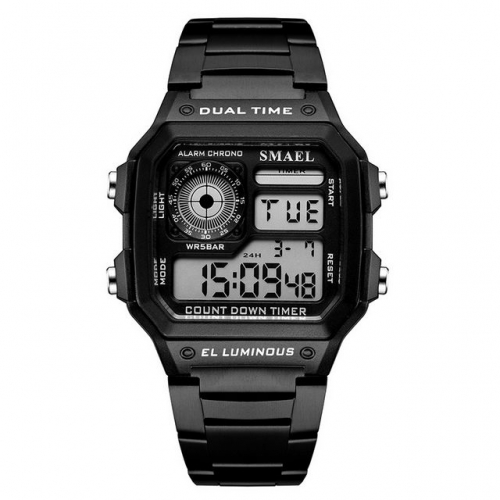 SMAEL black simplicity square dial business multi-function waterproof steel strip electronic men's watch