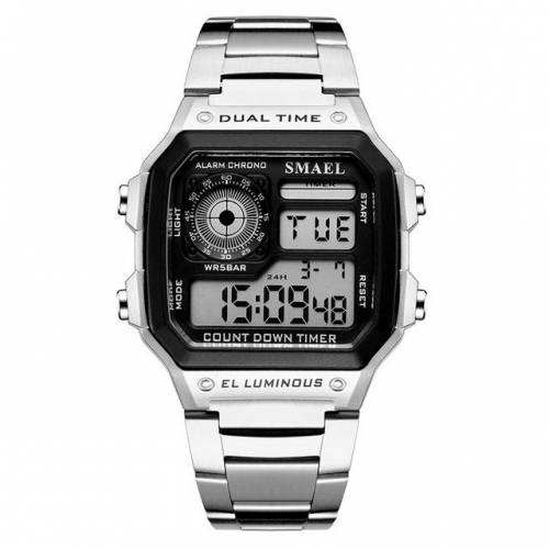 SMAEL silver simplicity square dial business multi-function waterproof steel strip electronic men's watch