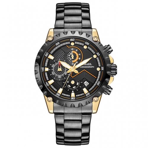 SMAEL gold and black leisure business sport multi-function waterproof steel strip quartz men's watch