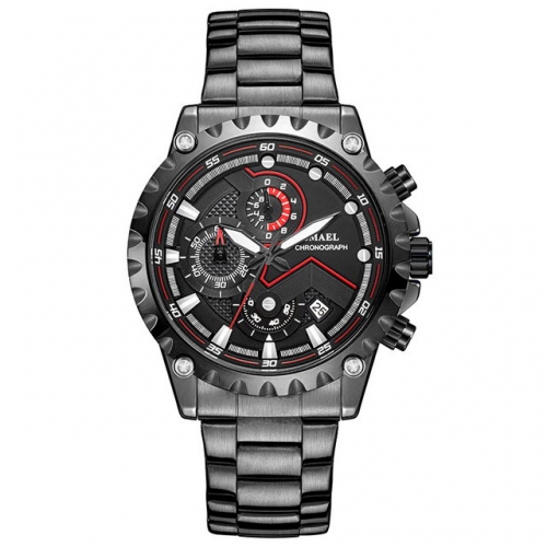 SMAEL red and black leisure business sport multi-function waterproof steel strip quartz men's watch