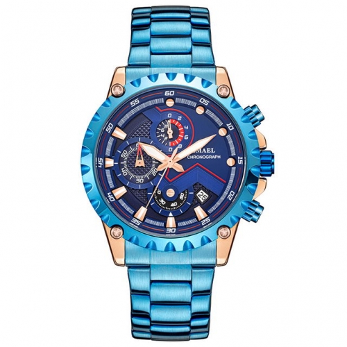SMAEL blue leisure business sport multi-function waterproof steel strip quartz men's watch