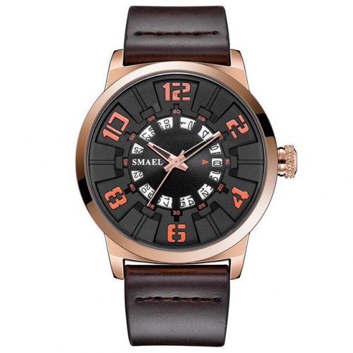 SMAEL rose gold big dial outdoor sport multi-function calendar display waterproof leather strip quartz men's watch