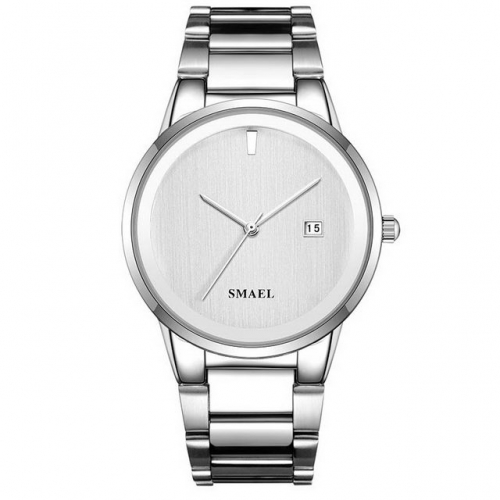 SMAEL silver simplicity dial leisure calendar display waterproof steel strip quartz men's watch