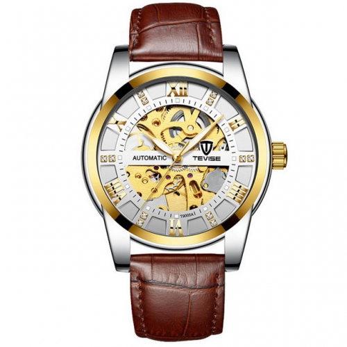 TEVISE diamond inlaid hollow out dial luminous waterproof leather strip automatic men's watch