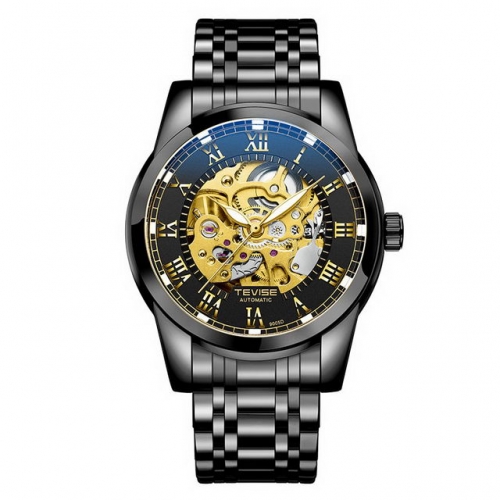 TEVISE double side hollow out big dial luminous waterproof steel strip automatic men's watch