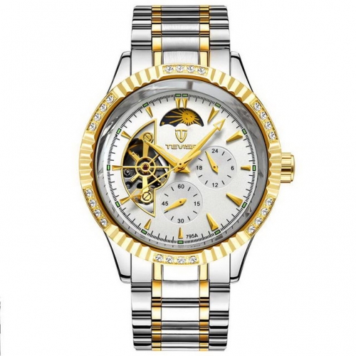 TEVISE diamond inlaid flywheel hollow dial luminous waterproof steel strip automatic men's watch