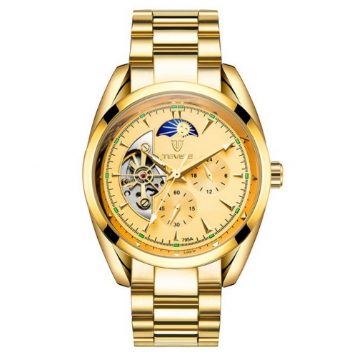 TEVISE gold flywheel hollow dial moon phase display luminous waterproof steel strip automatic men's watch