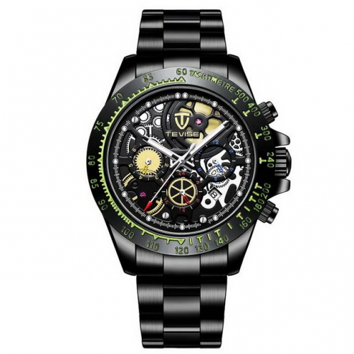 TEVISE fashion multifunction textured complex design dial steel band automatic men's watch