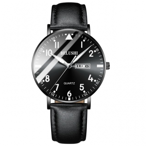 BELUSHI textured dial calendar display leather strip calendar week display quartz men's watch