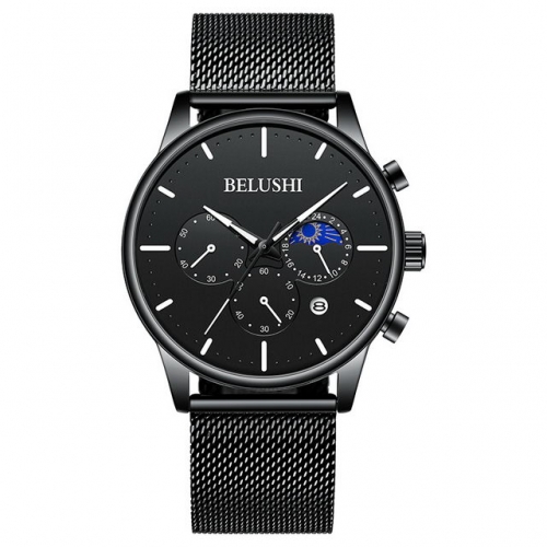BELUSHI multifunction cool black simplicity dial calendar display Milanese steel band quartz men's watch