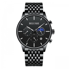 BELUSHI multifunction cool black simplicity dial calendar display steel band quartz men's watch