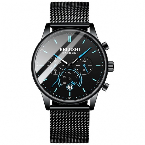 BELUSHI cool black dial multifunction luminous waterproof Milanese steel band quartz men's watch