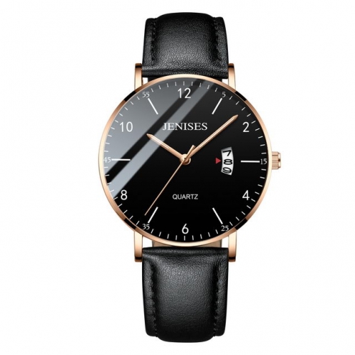 JENISES simplicity dial calendar display waterproof leather strap quartz men's watch