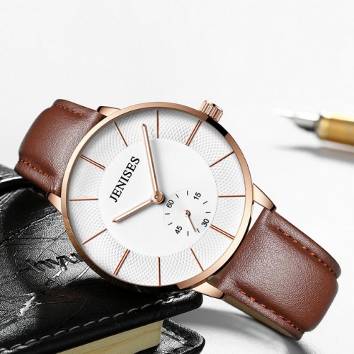JENISES independent seconds pointer simplicity dial waterproof leather strap quartz men's watch