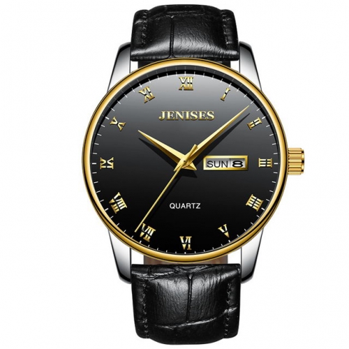 JENISES classical Roman scale dial calendar display waterproof leather strap quartz men's watch