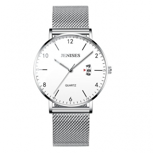 JENISES simplicity dial calendar display waterproof Milanese steel band quartz men's watch