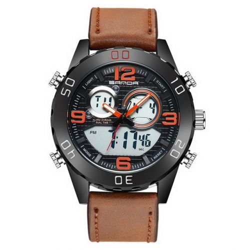 SANDA leather strap digital and pointer display personality dial waterproof electronic men's watch