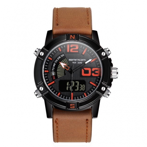 SANDA fashion leather strap digital and pointer display textured dial waterproof electronic men's watch