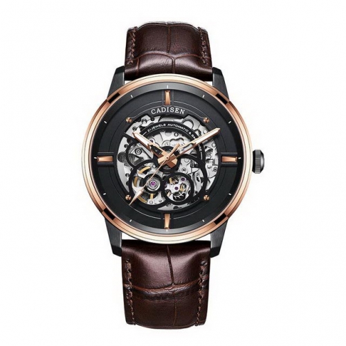 CADISEN Hollow out mechanical men's watch three needle night light waterproof men's leather belt watch